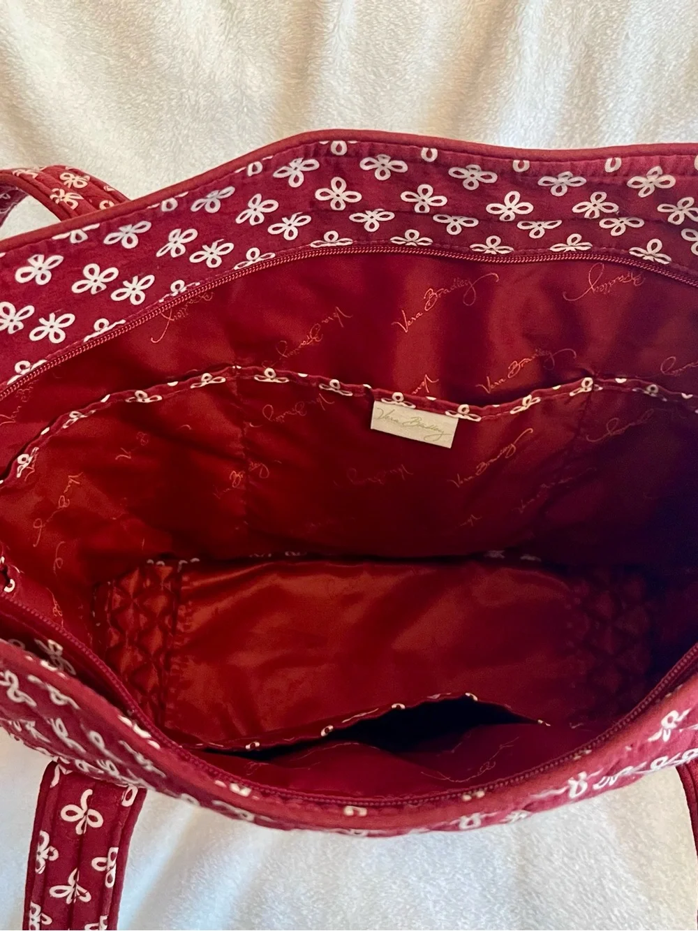 Vera Bradley Red Quilted Tote with White Pattern and Team Crest